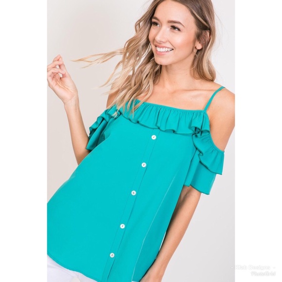💕LAST 2! Teal Ruffled Woven Open Shoulder Blouse - Picture 8 of 8